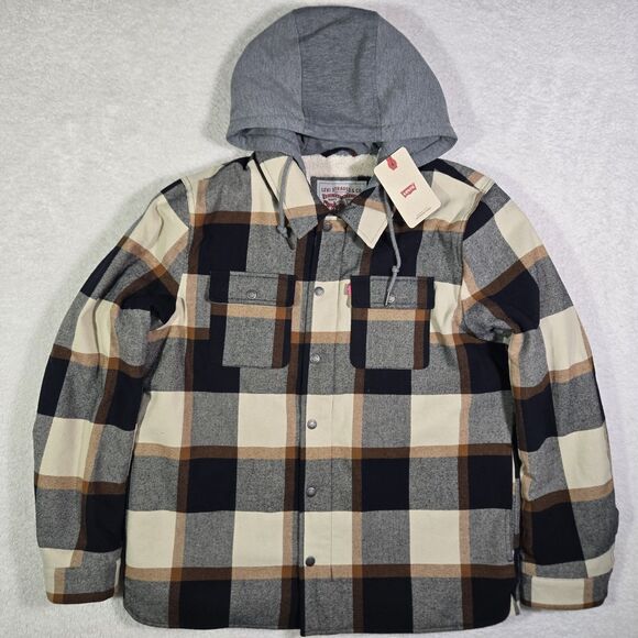 Levis Plaid Sherpa Lined Hoodie Jacket Mens Large Full Zip Button Snap L $118